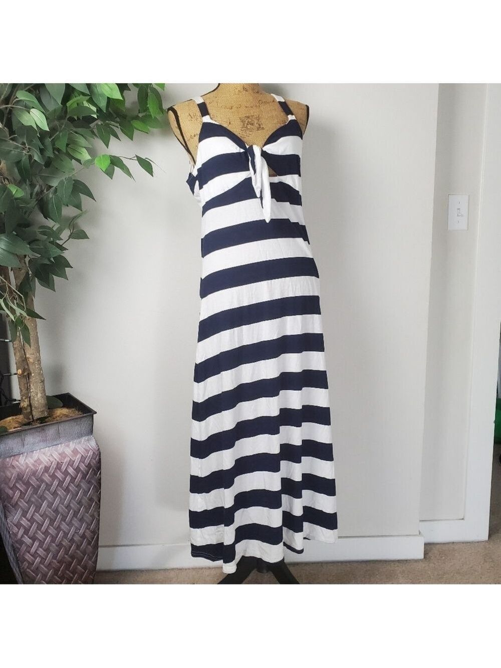 DIP Navy Blue White Striped Tie Front Midi Dress Large